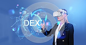 Businesswoman in vr glasses, DEX and earth sphere hologram