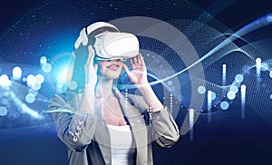 Businesswoman in vr glasses, metaverse hologram and cyberspace