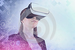 Businesswoman in VR glasses, network