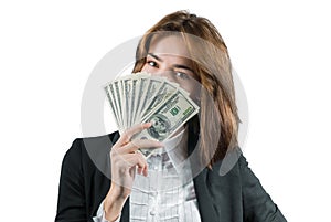 Businesswoman with wad of money in her hands