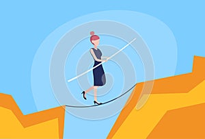 Businesswoman walk over cliff gap abyss mountain business woman balancing wooden stick bridge risk concept flat