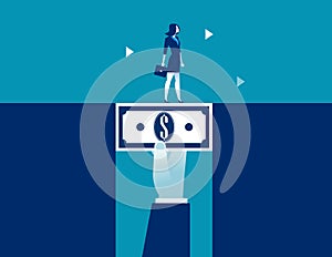 Businesswoman walking across dollar money bridging the gap. Concept business vector illustration