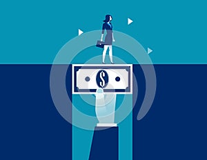Businesswoman walking across dollar money bridging the gap. Concept business vector illustration photo