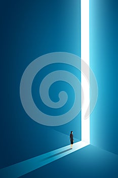Businesswoman walking go to front of bright big shining door in the wall darke blue of the hole at light falls. illustration