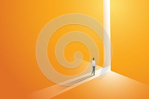 Businesswoman walking go to front of bright big shining door in the wall orange of the hole at light falls. illustration