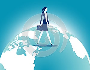 Businesswoman walking over terrestrial globe. Investment and Traveling