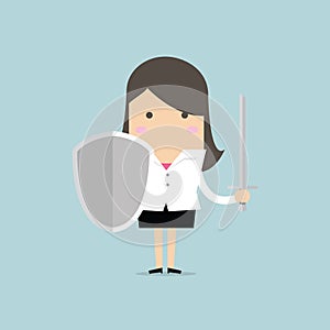 Businesswoman warrior with shield and sword