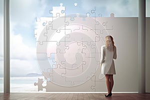 Businesswoman watching, big puzzle on wall, Woman looking at big puzzle, AI generated
