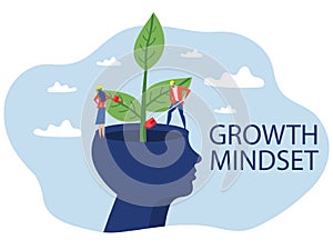 Businesswoman Watering plants with big brain growth mindset