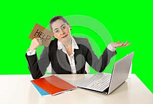Businesswoman wearing business suit working on laptop computer green chroma key