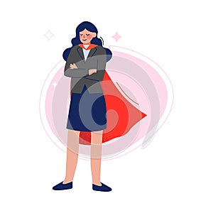 Businesswoman Wearing Red Waving Cape Standing with Folded Hands, Successful Superhero Business Person Character