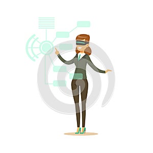 Businesswoman wearing VR headset working in digital simulation, future technology concept vector Illustration