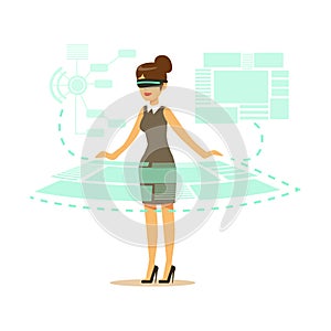 Businesswoman wearing VR headset working in digital simulation and interacting with 3d visualization, future technology