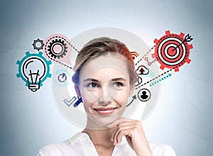 Businesswoman wearing white shirt is pondering about successful startup idea