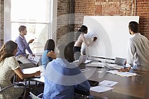 Businesswoman At Whiteboard In Brainstorming Meeting