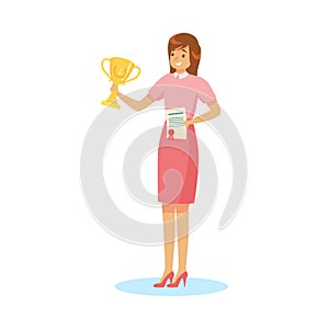 Businesswoman winner holding first trophy and certificate vector illustration