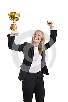 Businesswoman winning a cold cup