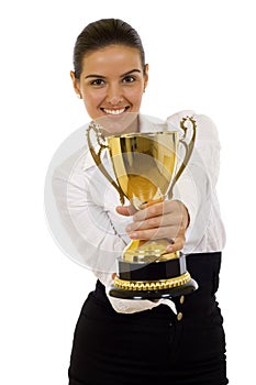 Businesswoman winning a gold trophy