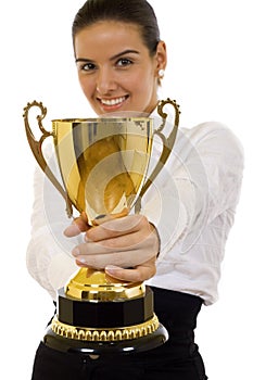 Businesswoman winning a gold trophy