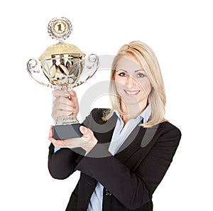 Businesswoman winning a trophy