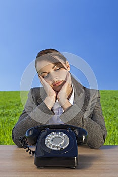 Businesswoman Woman Waiting for Old Vintage Telephone Call