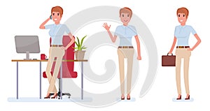 Businesswoman working character set. Vector cartoon flat design illustration isolated on white background.