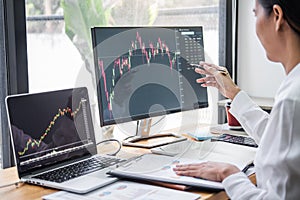 Businesswoman working with computer, laptop, thinking and analyzing graph stock market trading with stock chart data planning,