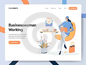 Businesswoman Working on Desk Illustration Concept. Modern flat design concept of web page design for website and mobile website.