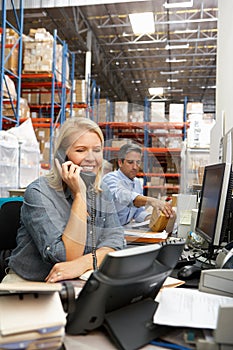 Businesswoman Working At Desk In Warehouse