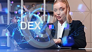 Businesswoman working with laptop, DEX and earth sphere hologram