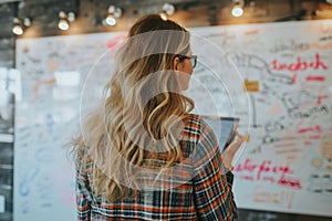 Businesswoman working on a marketing campaign, with a whiteboard in the background.