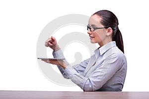The businesswoman working tablet computer on white background