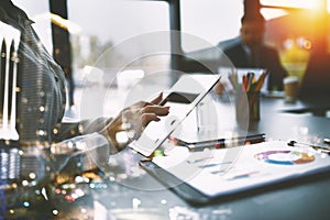 Businesswoman works in office with a tablet. Concept of internet sharing and company startup. double exposure photo