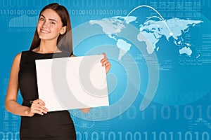 Businesswoman with world map, lines and figures