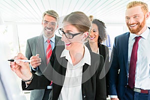 Businesswoman writes on a flipboard in front of three co-workers