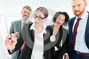 Businesswoman writes on a flipboard in front of three co-workers