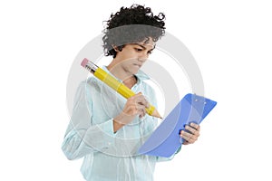 Businesswoman writing with big pencil