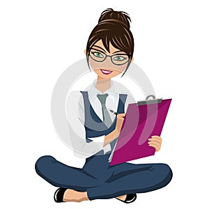 Businesswoman writing on clipboard sit on floor isolated