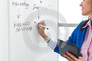 Businesswoman writing day plan on white board, modern office. Side view of caucasian female employee planning schedule