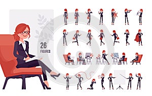 Businesswoman, young red haired office worker character set, pose sequences