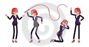 Businesswoman, young red haired office worker in emotions with whip