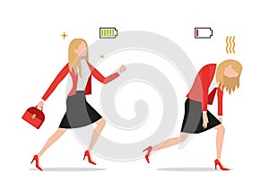 BusinesswomanSet of powerful businesswoman with green full energy battery sign and tired exhausted female with red low