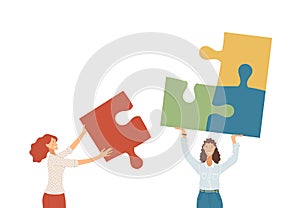 Businesswomen collecting puzzle together flat vector illustration