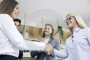 Businesswomen handshaking after deal agreement