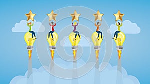Businesswomen holding five golden stars. Riding on light bulb rockets.. Vector illustration.