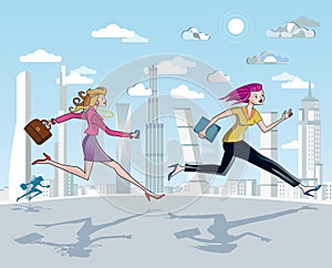 Businesswomen Running And Skyscrapers