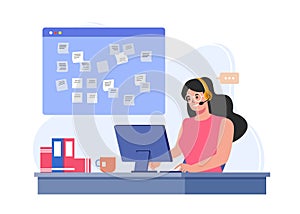 Businesswomen sit on computer and planning work on task board. Work management concept.