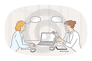 Businesswomen talk discuss ideas at office meeting