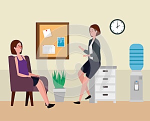 businesswomen teamwork with noteboard and file cabinet
