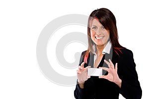 Busineswoman holding a blank card